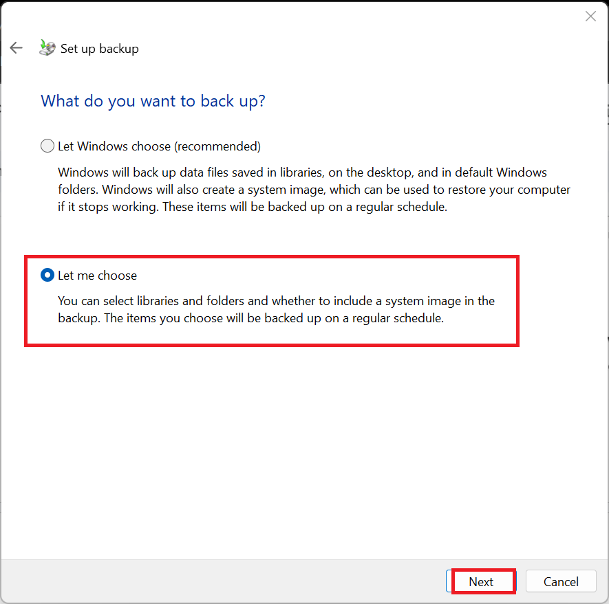 Next, you have to decide whether to allow Windows to choose what to back up or do it yourself