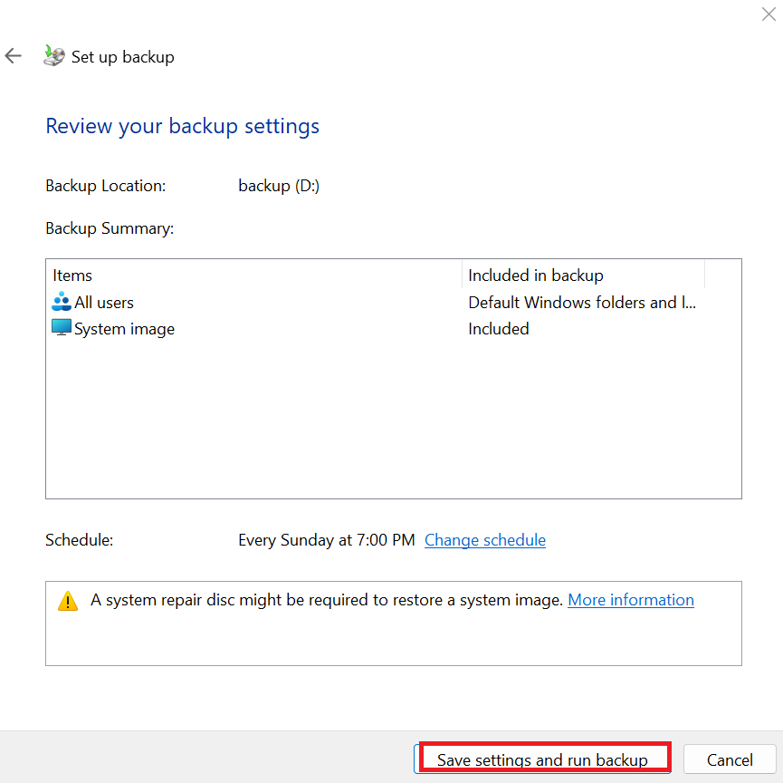 When you’re done, click Save settings and run backup. You’ll see the progress bar right after this. You can click View Details to get more specific details of the Windows backup