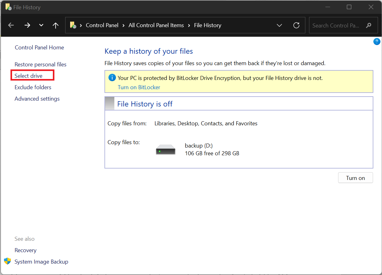 On the left pane, click Select drive