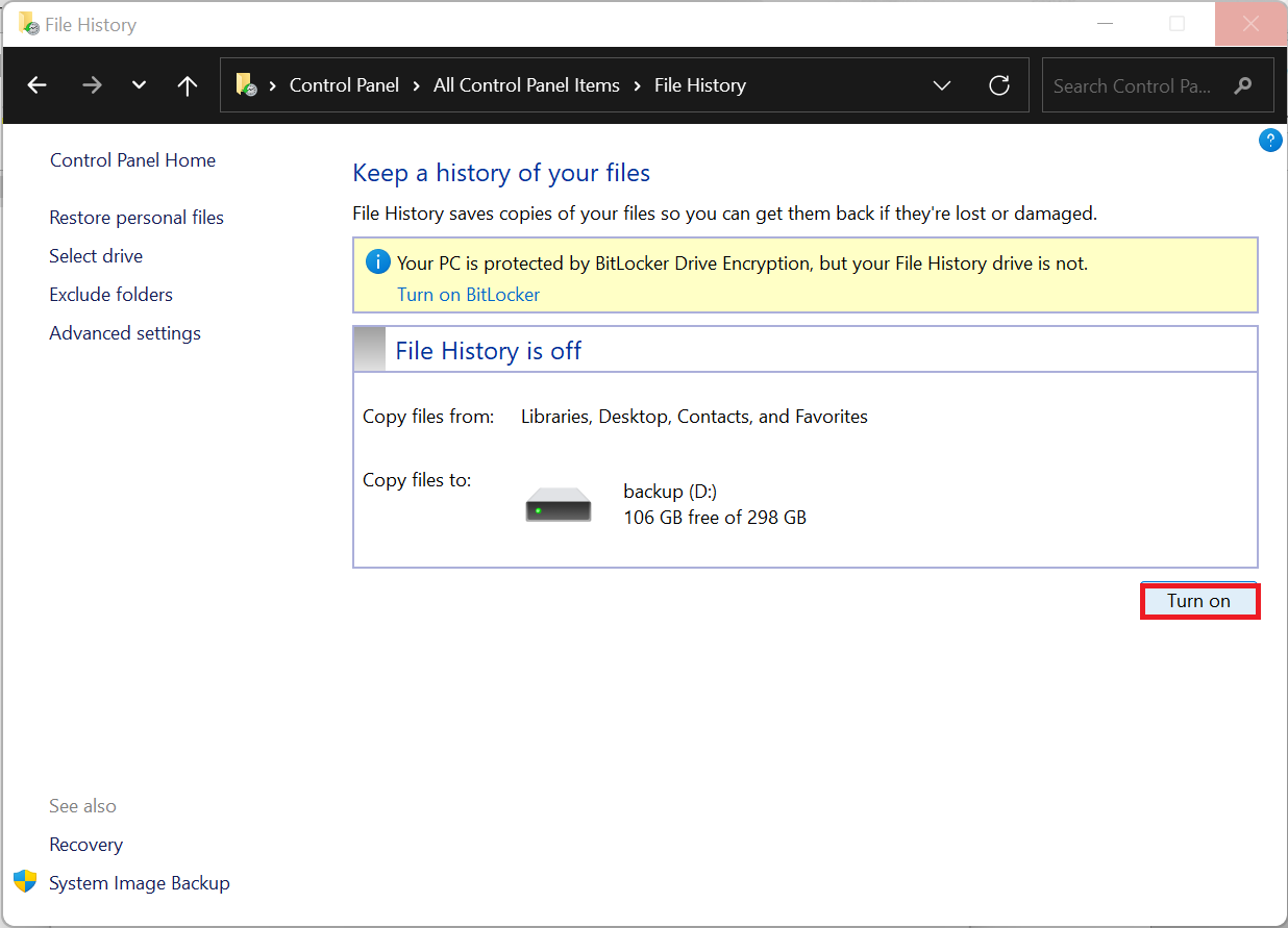 After choosing a drive, return to the previous window and turn File History on