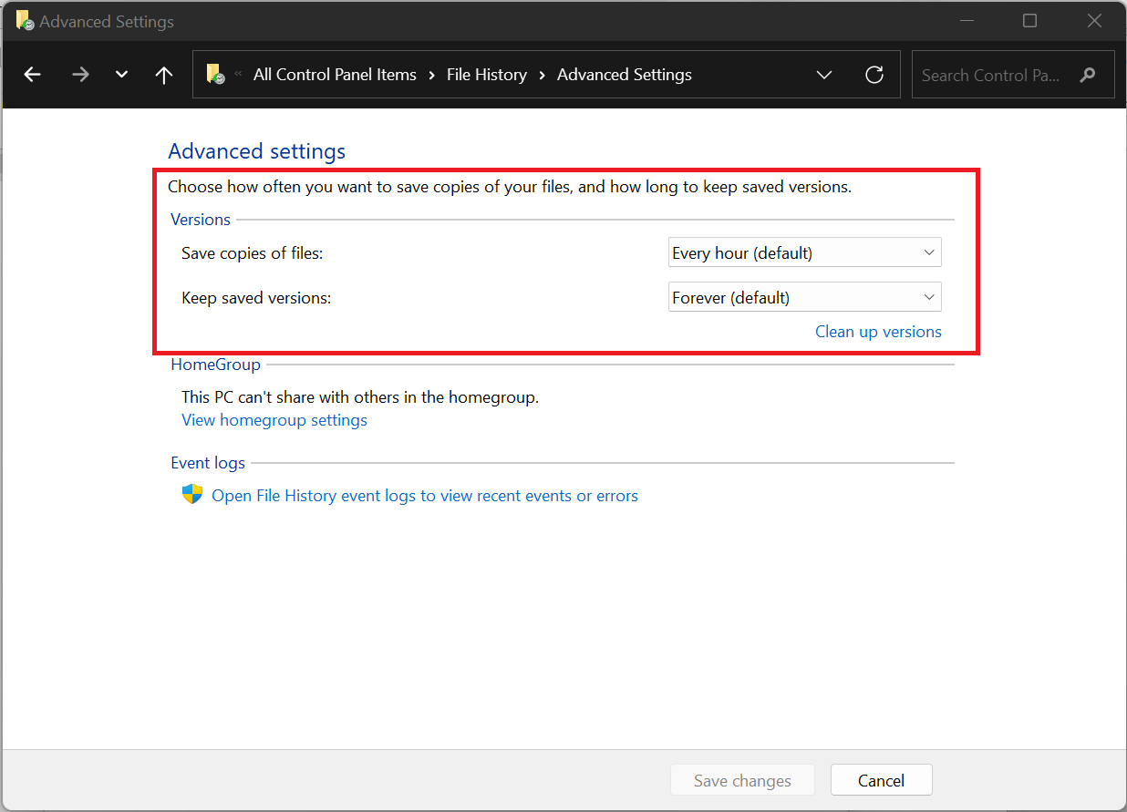 The second option, Keep saved versions, decides how long Windows will keep your backup files