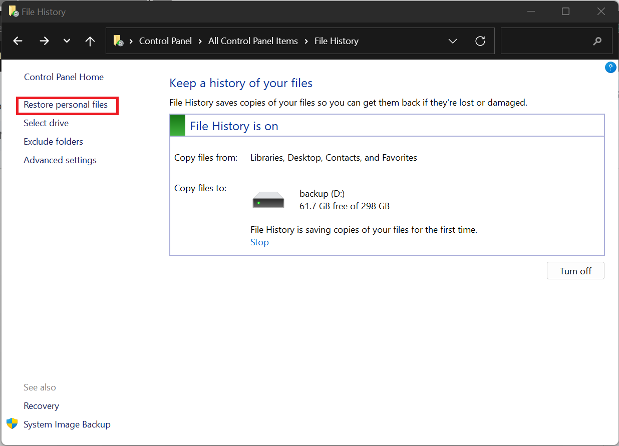 Click on Restore personal files