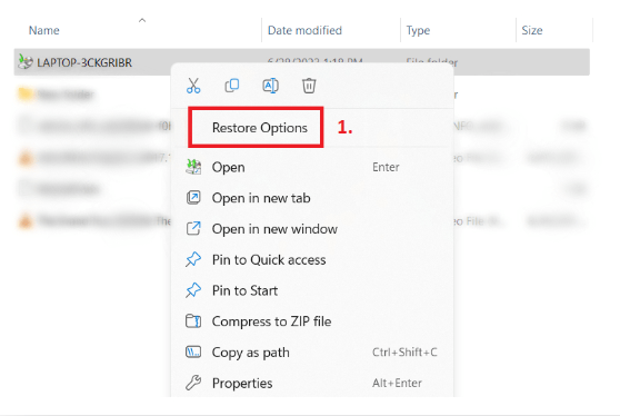 Open the external hard drive, right-click on the backup file, and select Restore Options