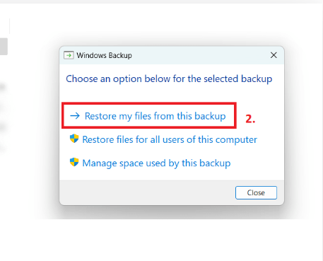 You can choose between three options: Restore my files from this backup, Restore files for all users on this computer, and Manage space used by this backup