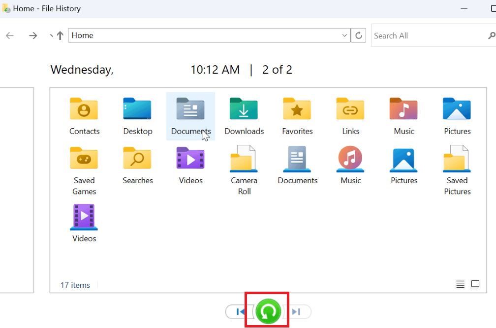 After you have selected what to restore, click on the green restore icon, and Windows will restore your files
