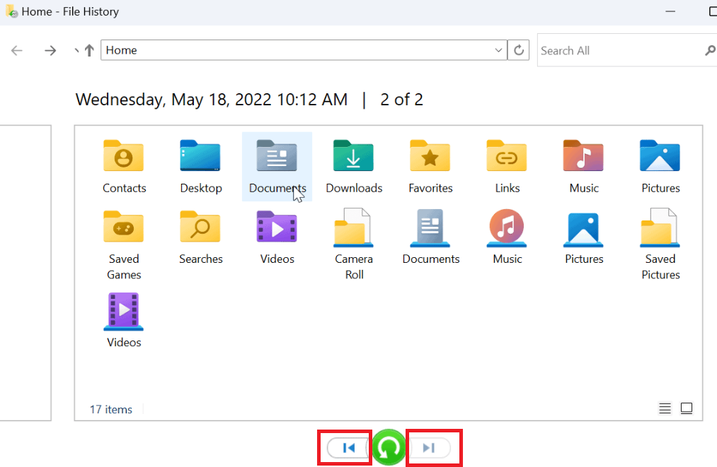 Click the left arrow and right arrow icons to browse between different versions of your files and folders by date