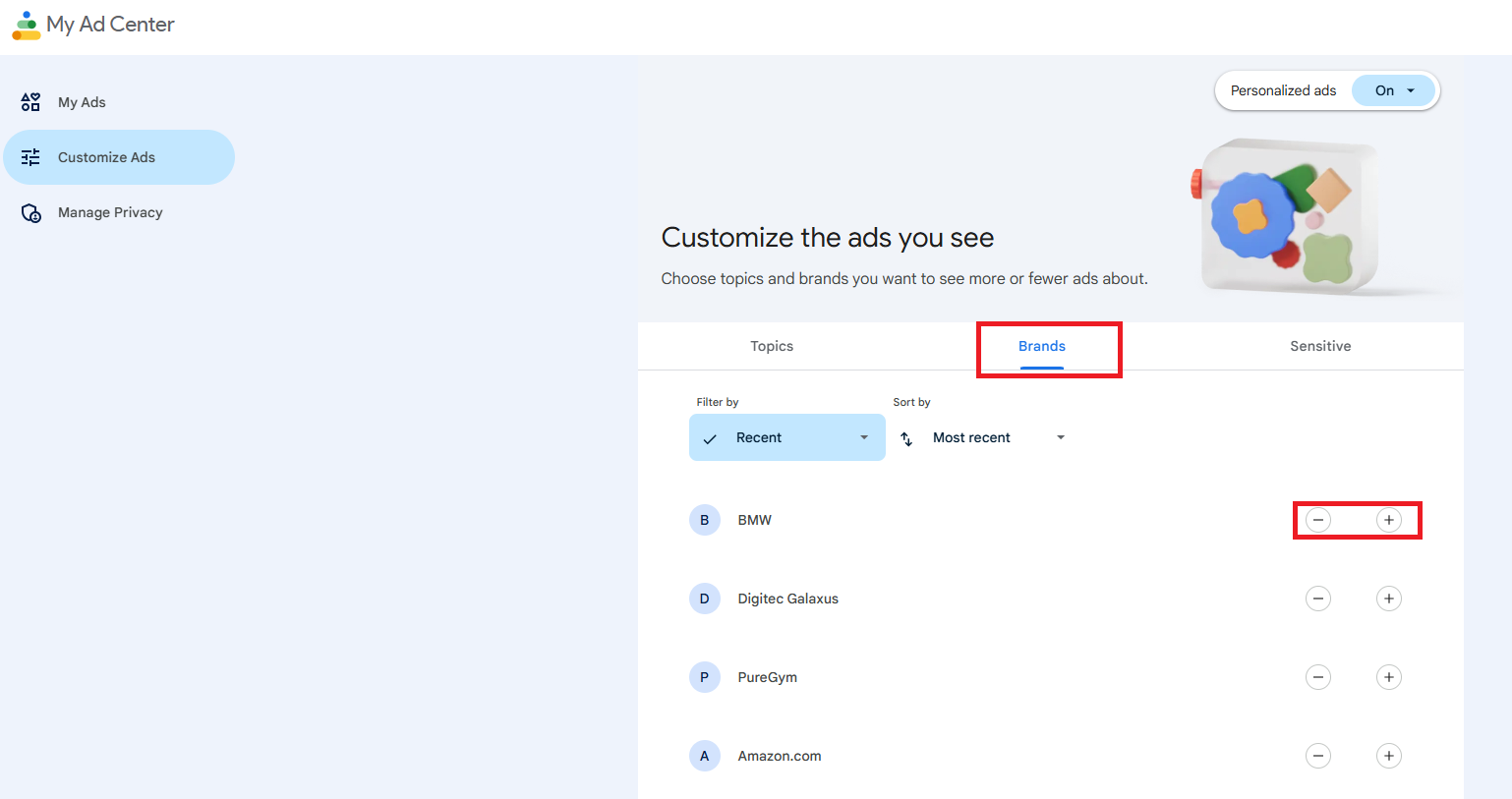 With the Brands tab, you can choose to see more or less of certain brands using the same plus or minus signs