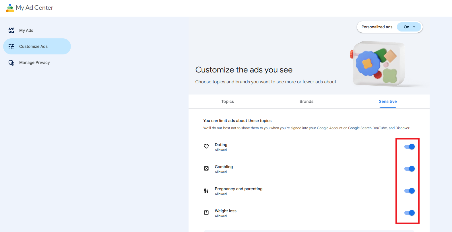 The Sensitive tab lets you limit ad content related to topics like dating, gambling, pregnancy and parenting, and weight loss