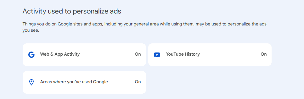 The tab that reads Activity used to personalize ads is where Google lists how it tracks your interactions, including search history, location data, and YouTube activity