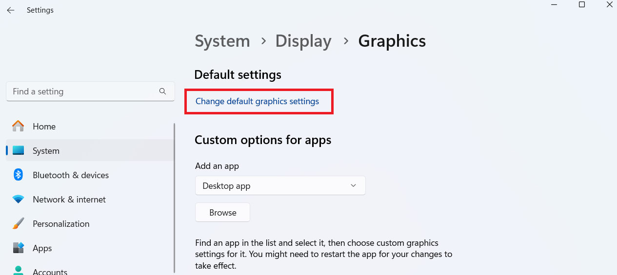Find the blue text labeled Change default graphics settings