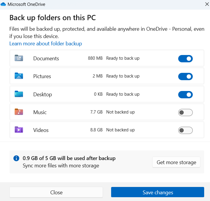 Select the files to be backed up automatically and click Save changes