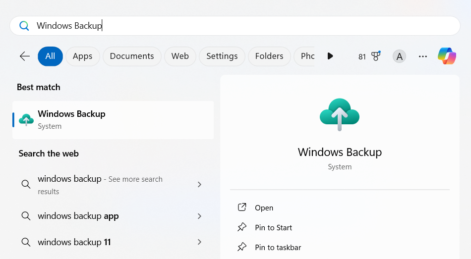 Type Windows Backup in the search field and click on the app to open it