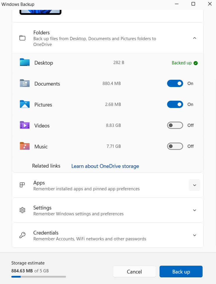 Expand the categories and toggle the ones you want to back up. When you’re done, click Back up