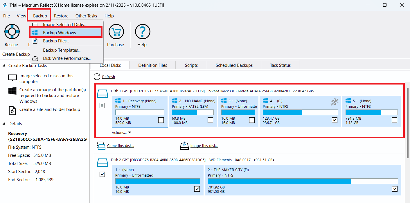 Click on Backup and select Backup Windows