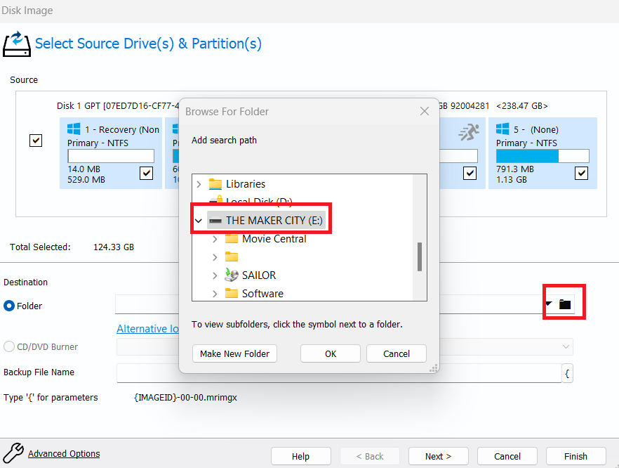 In the Folder section, click on the black folder icon and choose where you want to store your backup
