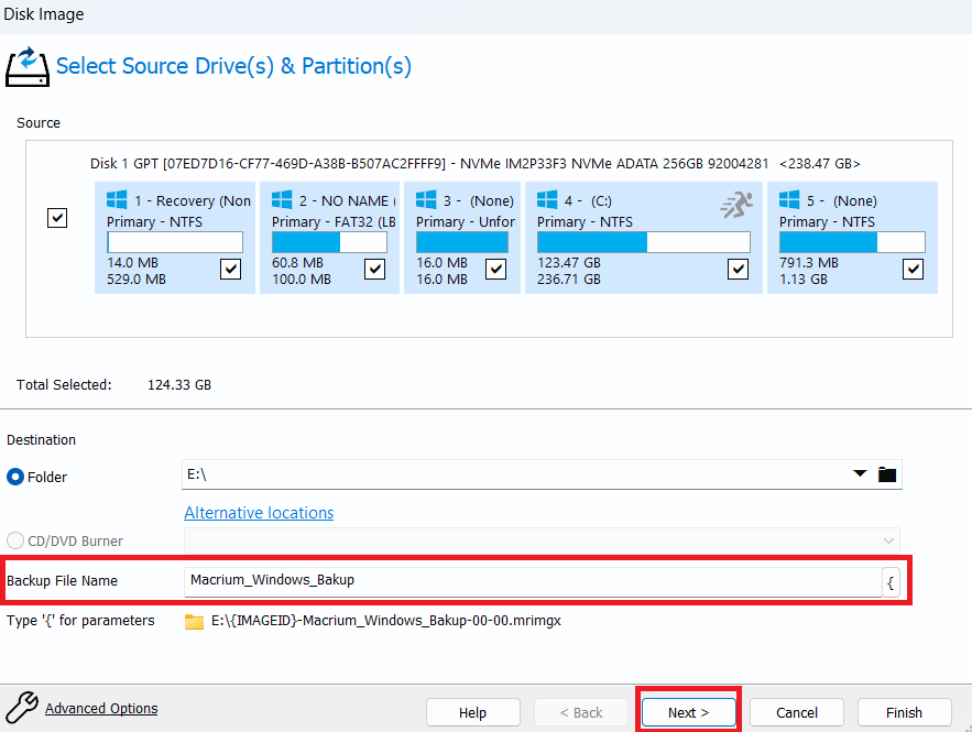 Choose a backup name in the Backup File Name section and click Next.