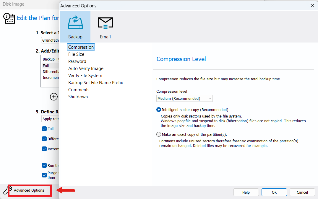 Click the Advanced Options link if you want to further customize the backup plan