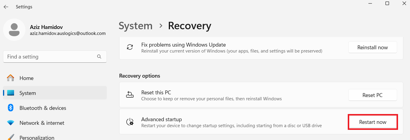 Click Restart now in the Advanced startup section below Recovery options