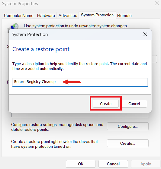 Type a description or name to help you identify that specific restore point, like Before Registry Cleanup. Finally, click Create again to begin the process