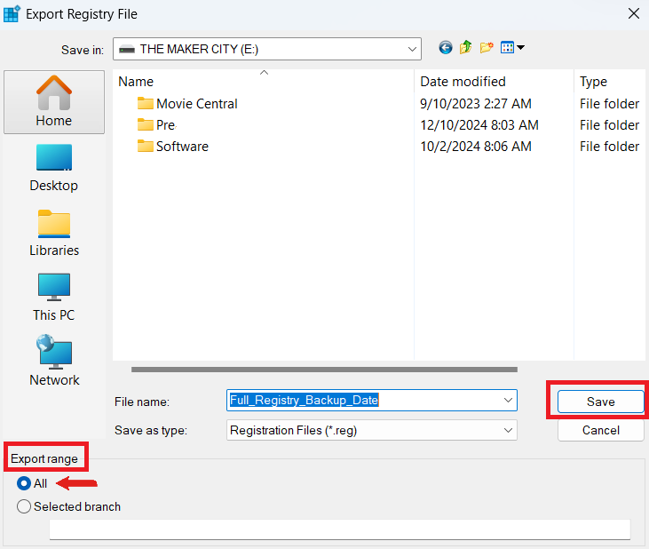 Make sure Export range is set to All to ensure a complete backup of everything