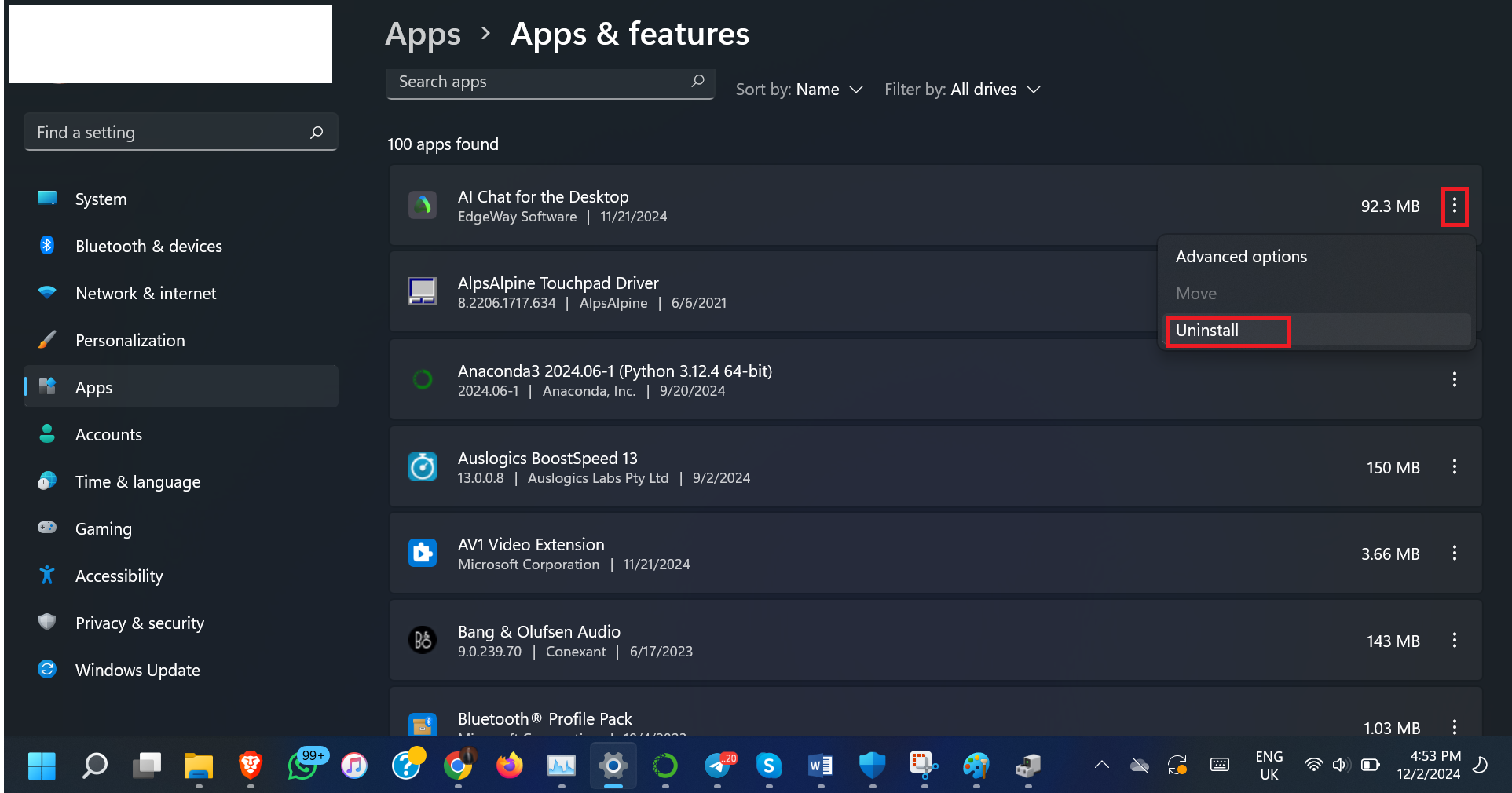 Carefully go through the programs you recently installed and click on the three dots, then click Uninstall