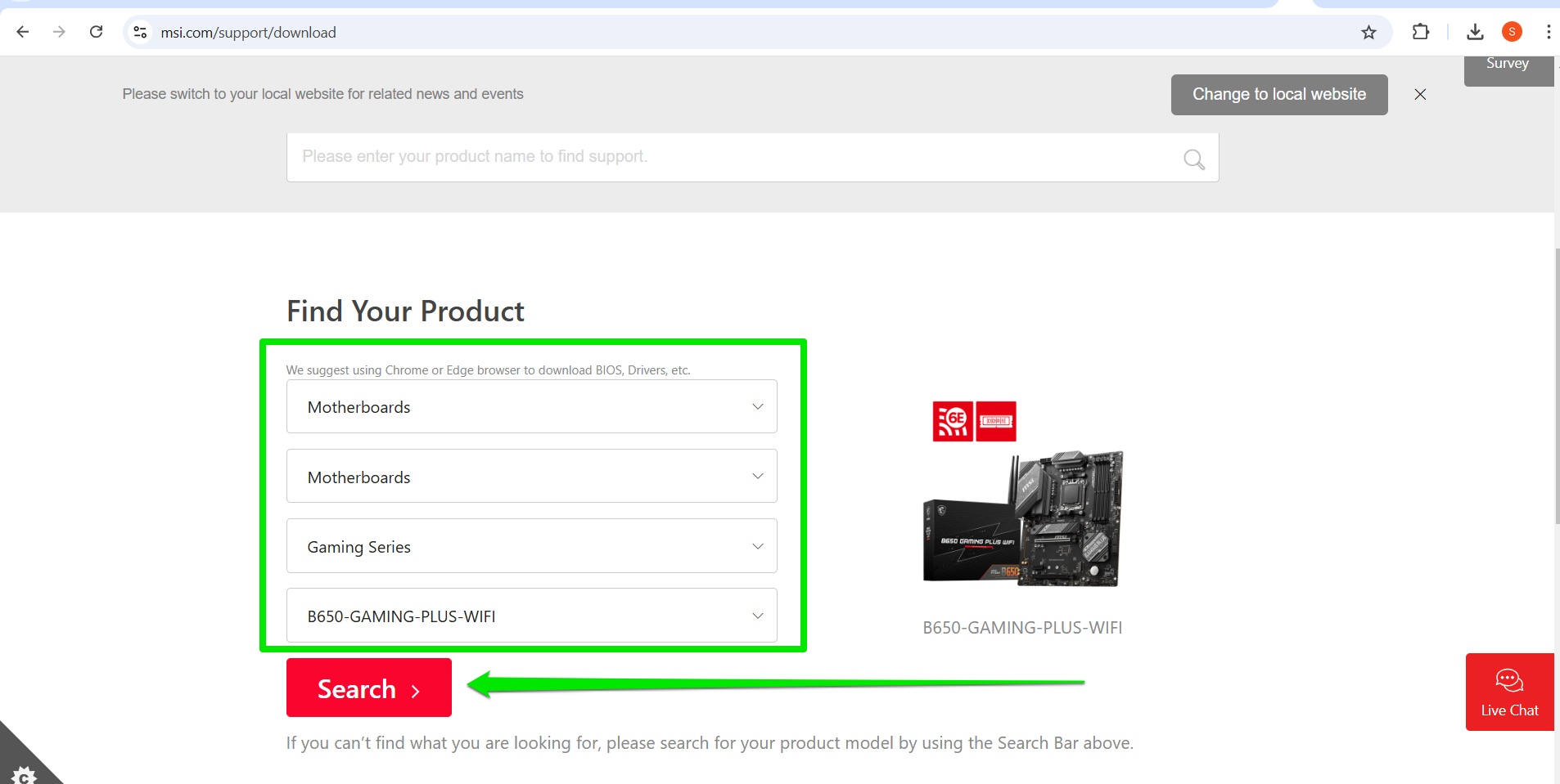 Choose your motherboard’s model and click the Search button