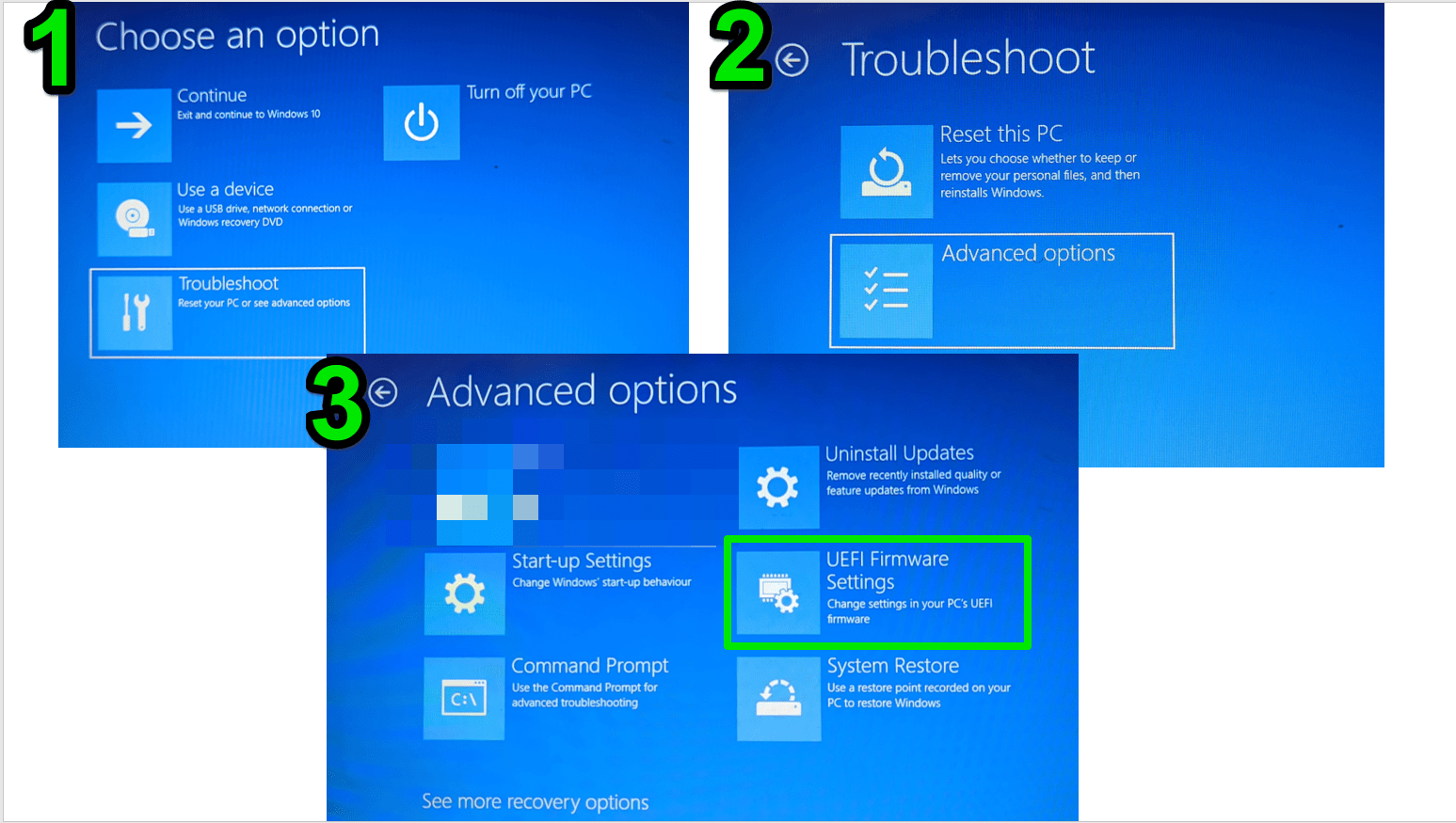 Select Advanced options on the next page and click UEFI Firmware Settings