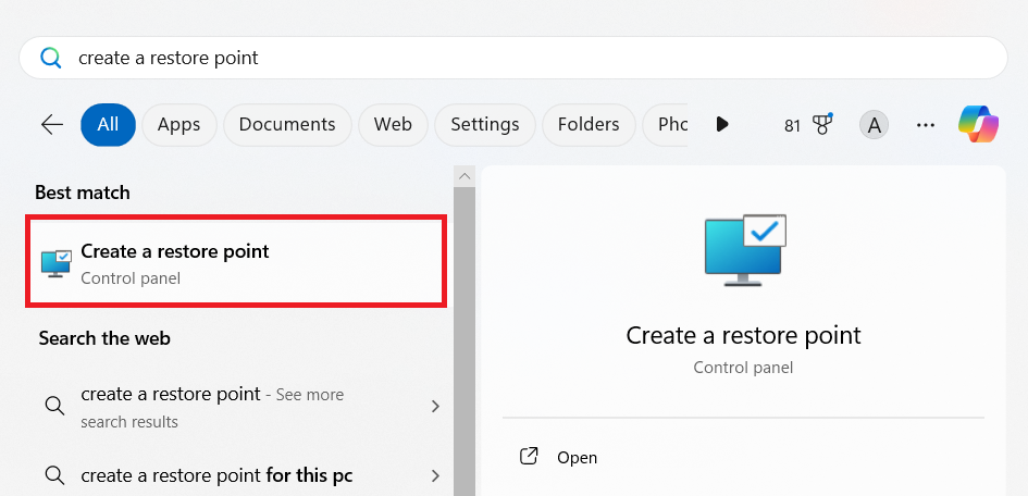 Search for create a restore point in the Start menu and hit Enter