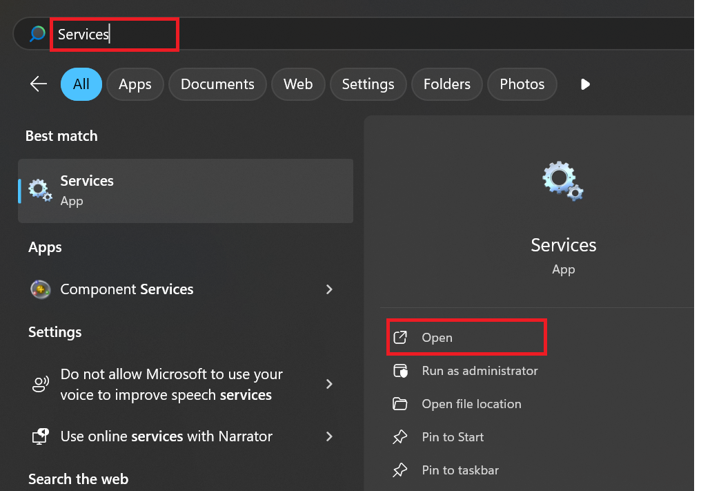 Type Services in the Windows search bar