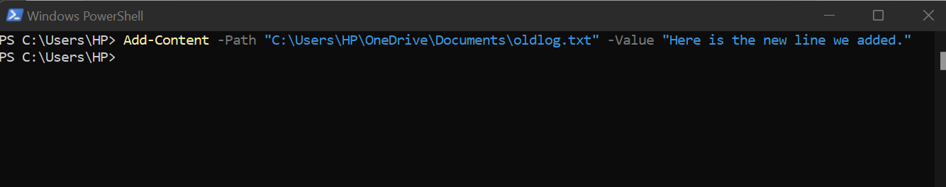 Use this command to add a new line of text to our file