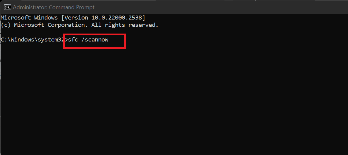 Once the Command Prompt window loads, type in the command sfc /scannow and hit Enter