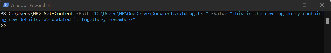 Set-Content writes or replaces content in a file. It is useful for modifying configuration files or creating logs