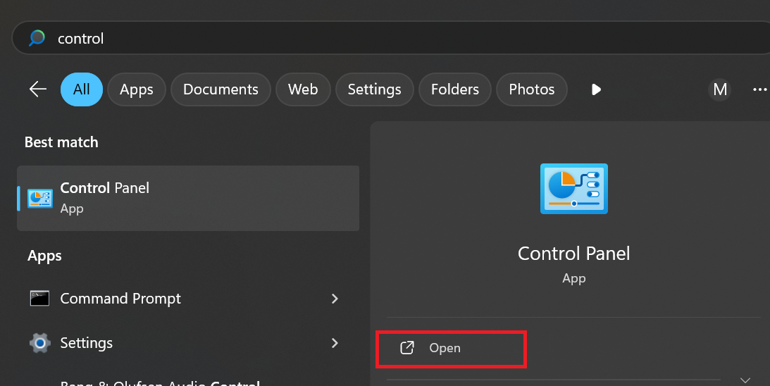Type Control Panel in the Windows search and open the app