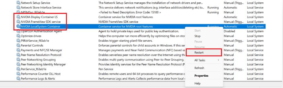Right-click on each NVIDIA service and click Restart