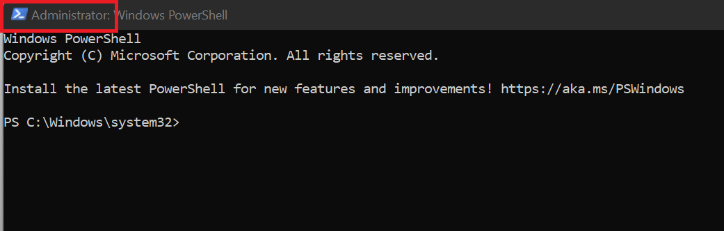 To be sure PowerShell is running with admin privileges, the window should read Administrator: Windows PowerShell