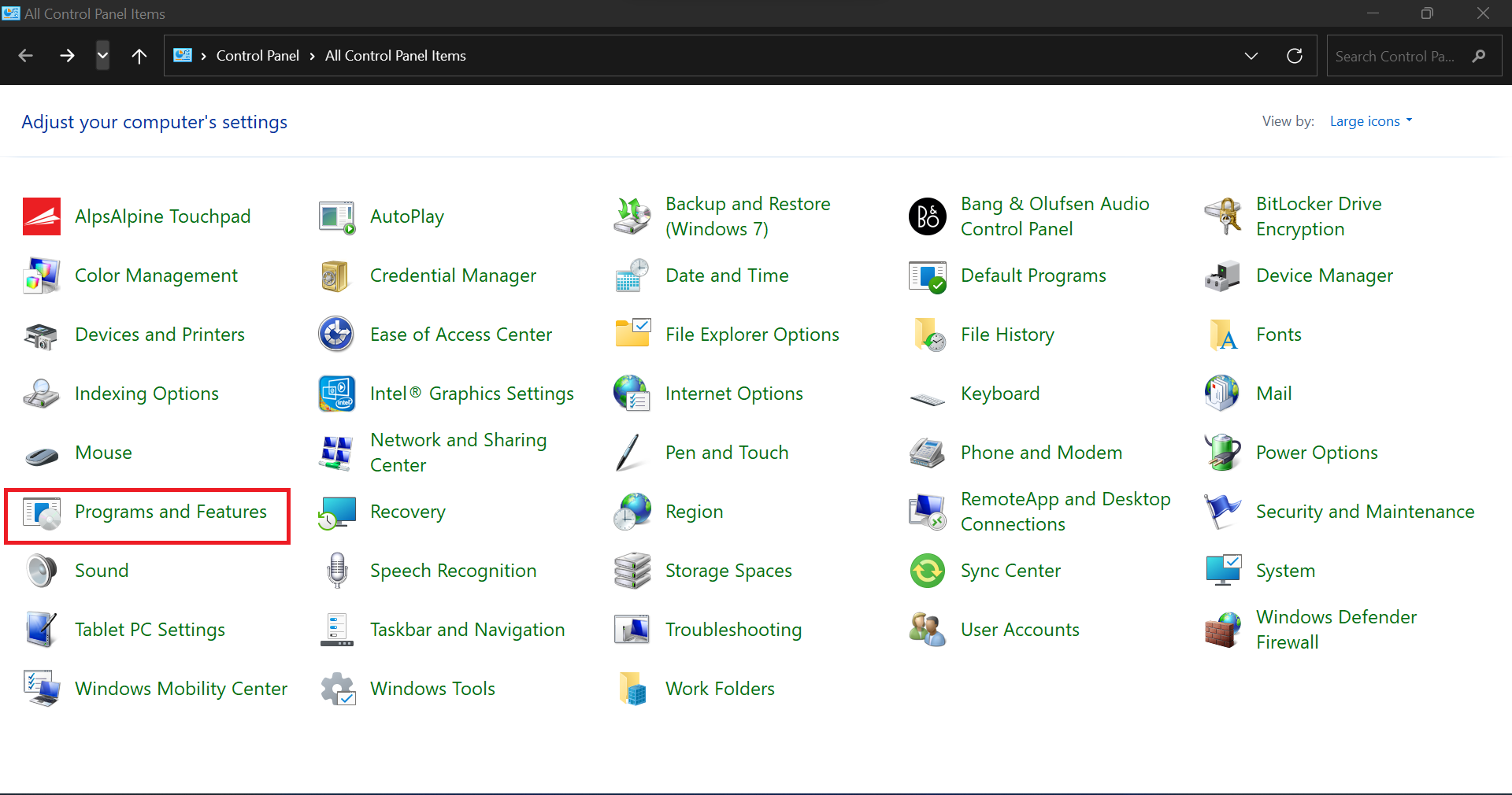 In the menu, find Programs and Features