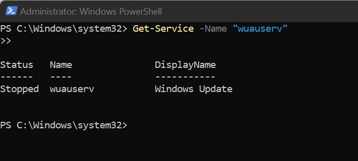 if Windows Update is not working, you can check it using: Get-Service -Name wuauserv