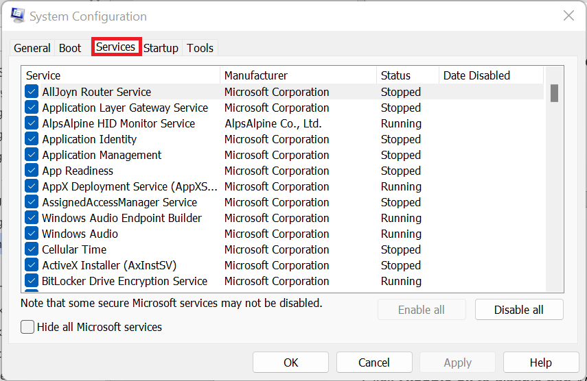 In the System Configuration window, click on the Services tab