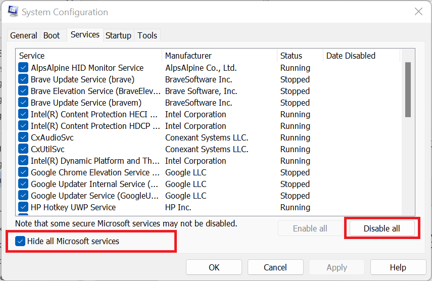 Now, click on Disable all to disable non-Microsoft services.