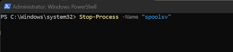 Use the following command to stop the Printer Spooler process: Stop-Process -Name spoolsv
