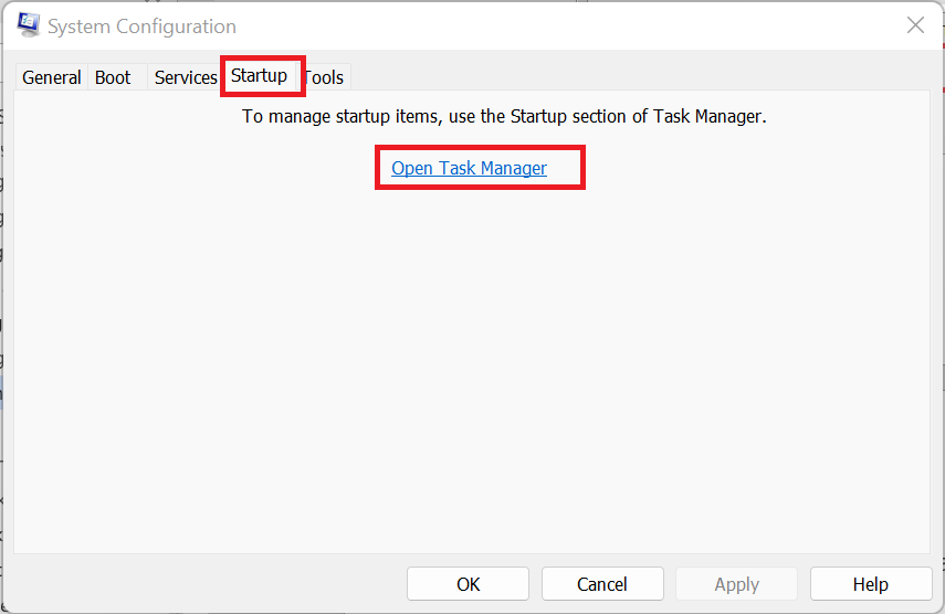 Go to the Startup tab and click on Open Task Manager