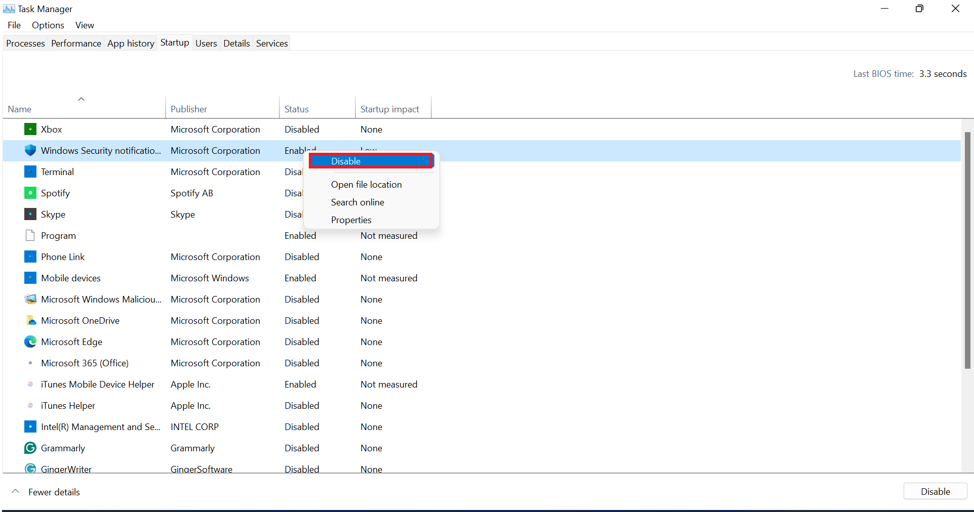 Right-click on any program that is enabled and select Disable