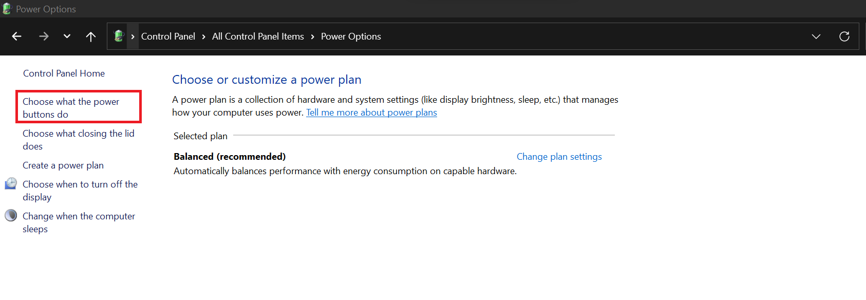 On the left-hand side, click on Choose what the power buttons do