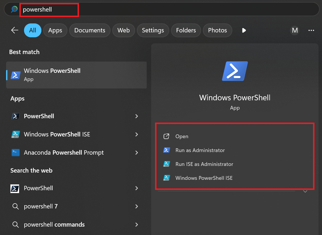 When you search for Windows PowerShell, you will notice there are different options, click any of them to start PowerShell