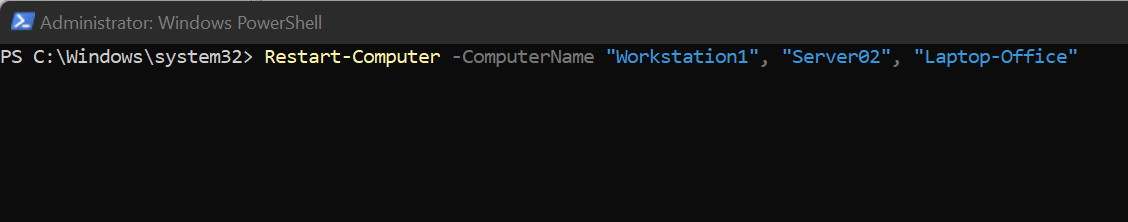 You can complete the update process by using this command to restart all these PCs: Restart-Computer -ComputerName Workstation1, Server02, Laptop-Office