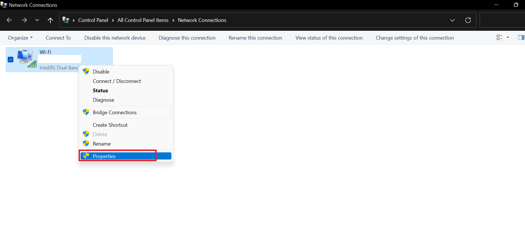 Right-click your active network connection (Wi-Fi or Ethernet) and select Properties