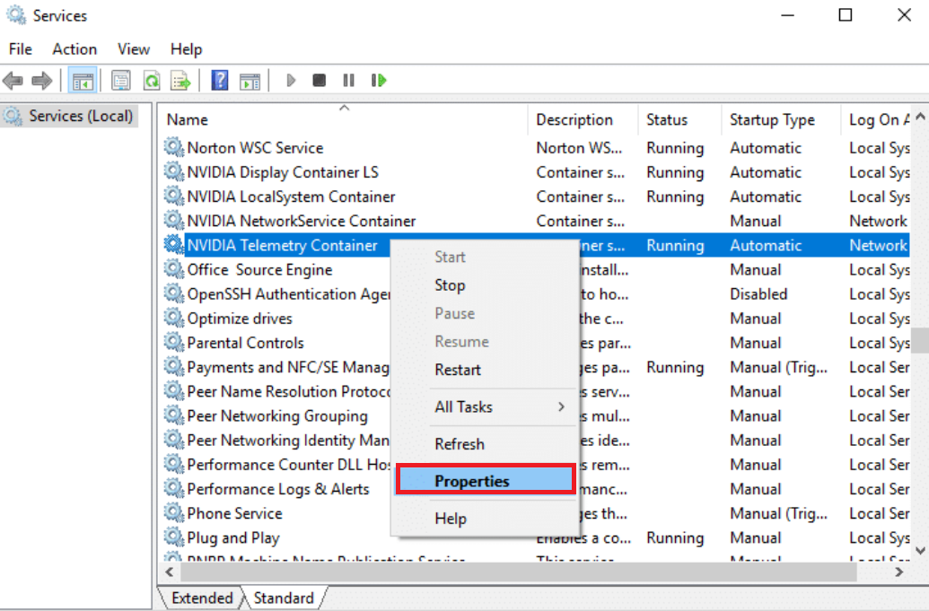 In the Services window, scroll down until you find NVIDIA Telemetry Container. Right-click it and click Properties