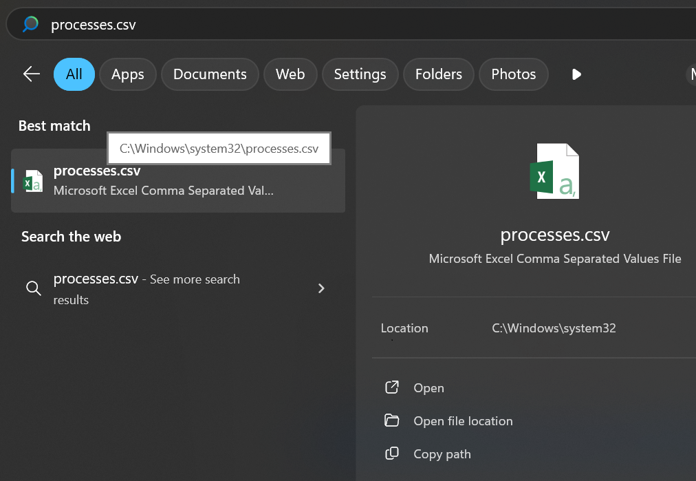After running the command, you can search for processes.csv to locate the file on your computer