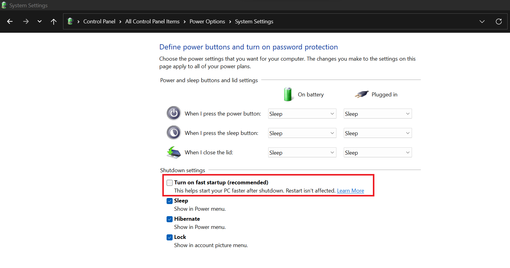Scroll down to the Shutdown settings section. Uncheck the box next to Turn on fast startup (recommended)