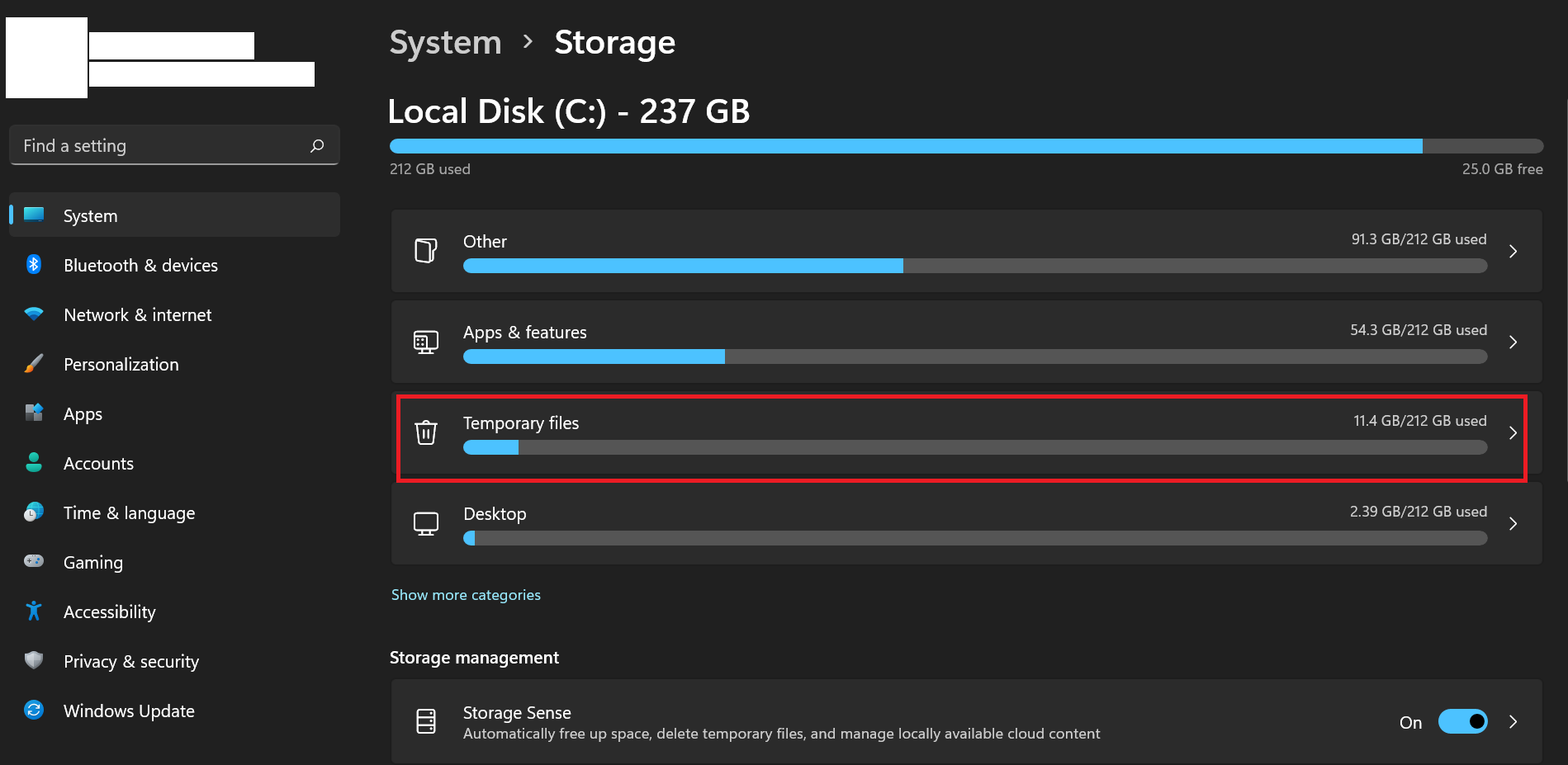 You’ll see a summary of the files on your computer and how much space they consume. Click on Temporary files
